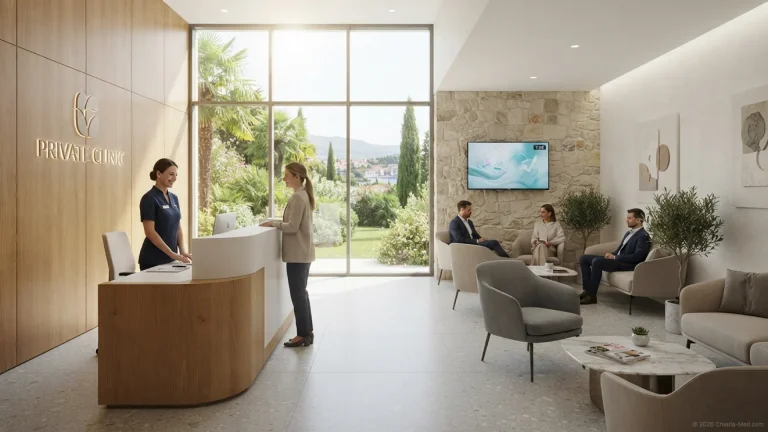 Modern reception area of an exclusive private clinic in Croatia with clean design and green views.