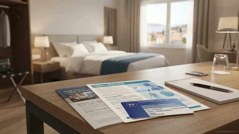 European Health Insurance Card (EHIC) and medical information papers on a hotel room desk with a view of the Croatian coast.