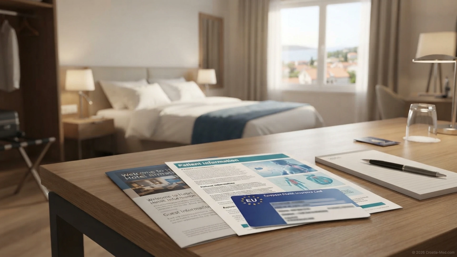 European Health Insurance Card (EHIC) and medical information papers on a hotel room desk with a view of the Croatian coast.