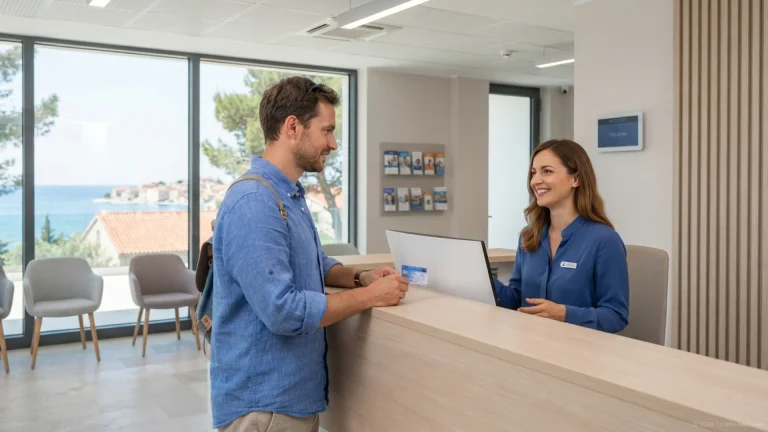 Patient an der Rezeption einer modernen Klinik mit Blick auf die kroatische Küste