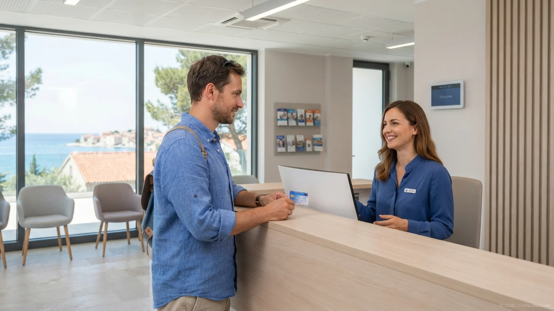 Patient an der Rezeption einer modernen Klinik mit Blick auf die kroatische Küste