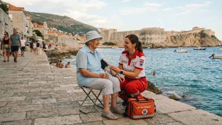 Paramedic checking blood pressure of an elderly woman by the historic city walls and sea in Croatia