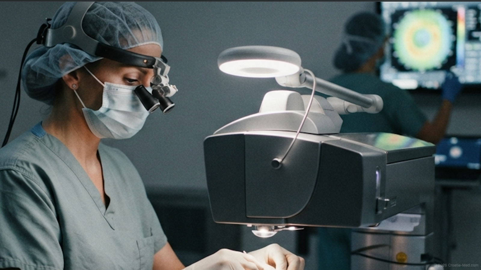 Patient undergoing laser eye surgery procedure with specialized equipment in a clinic in Croatia.
