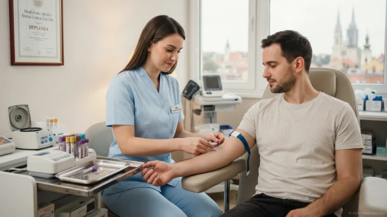 Nurse preparing to draw blood from a male patient's arm at a medical clinic in Croatia.