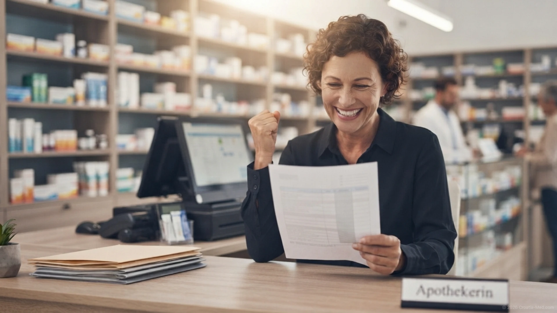 Smiling pharmacist with inventory list