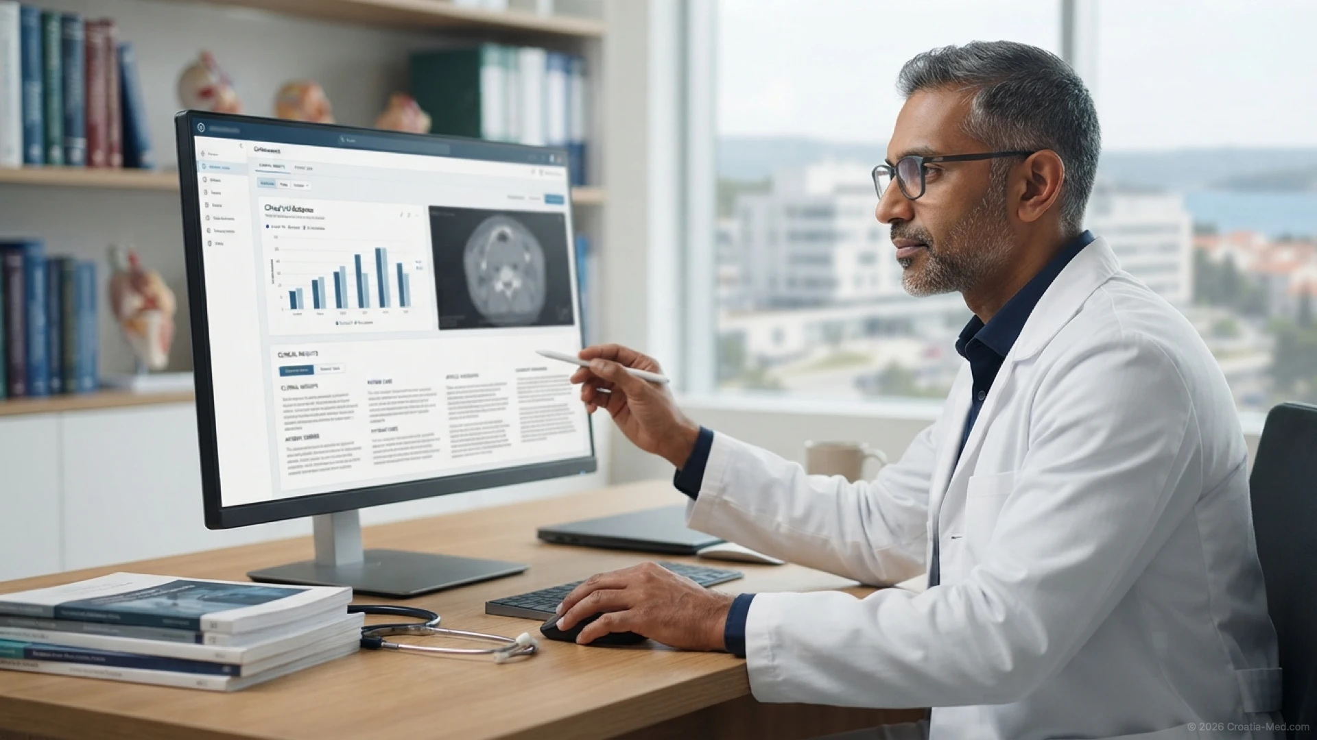Medical doctor reviewing clinical articles and healthcare information on a professional platform