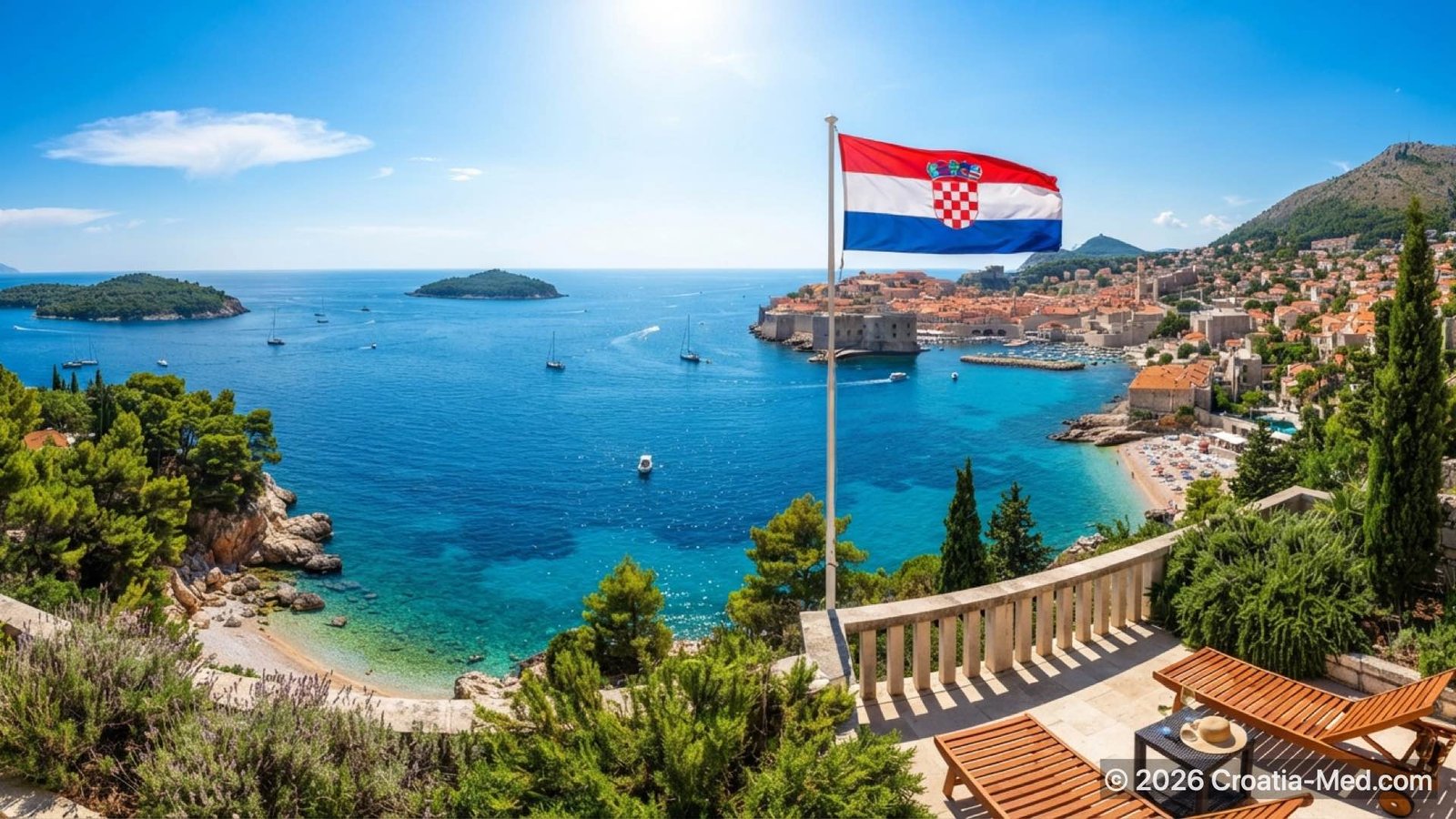 Croatian flag waving against the background of Dubrovnik historic city walls and the Adriatic Sea.