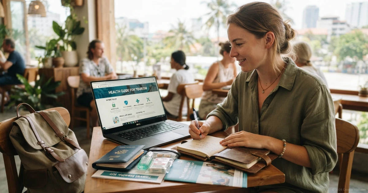 Medical professionals reviewing a digital healthcare dashboard and map on a laptop in Croatia.
