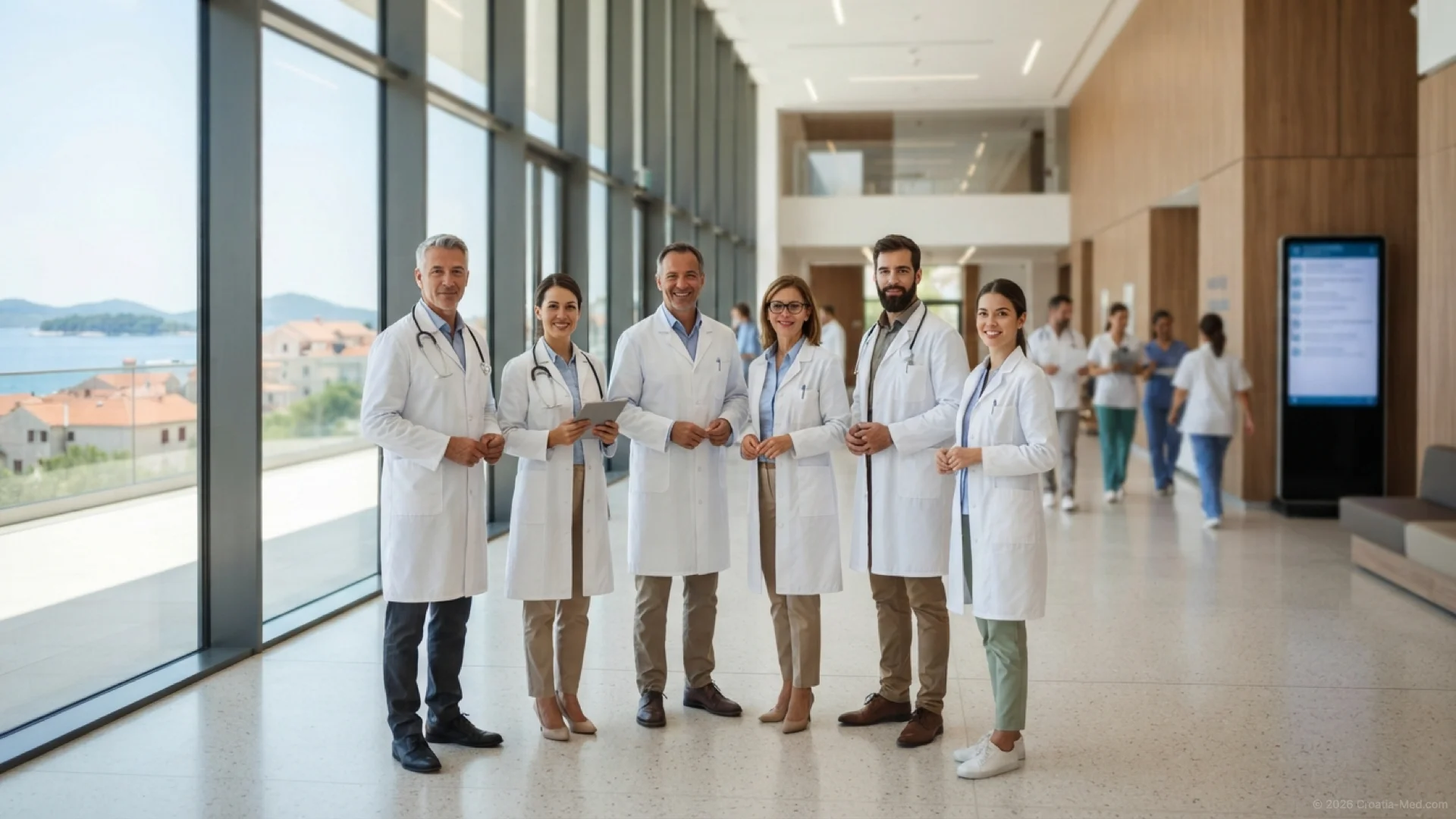 A diverse team of six medical specialists standing together in a modern clinic lobby overlooking the Croatian coast.