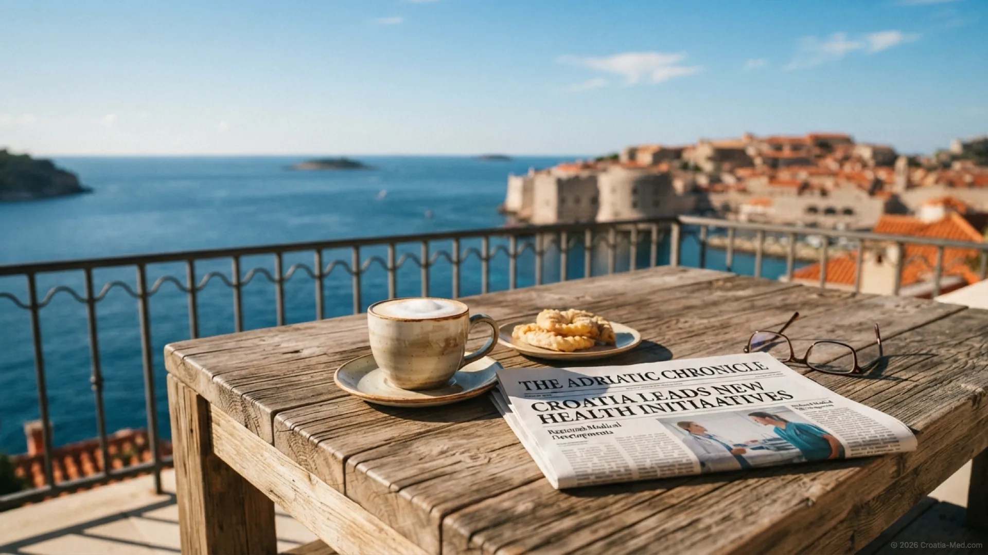 A coffee and newspaper on a balcony overlooking the Adriatic Sea and Dubrovnik