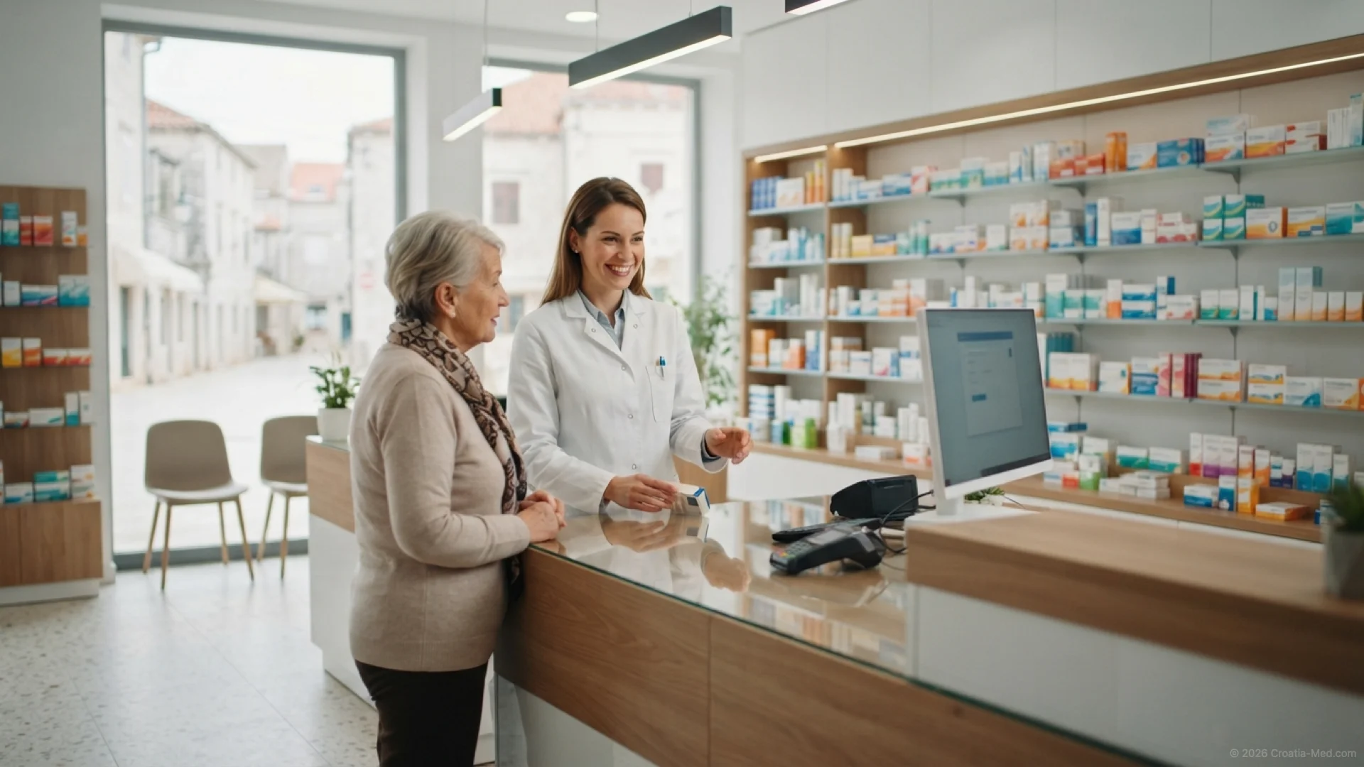 Modern interior of a Croatian pharmacy (ljekarna) with professional medical staff