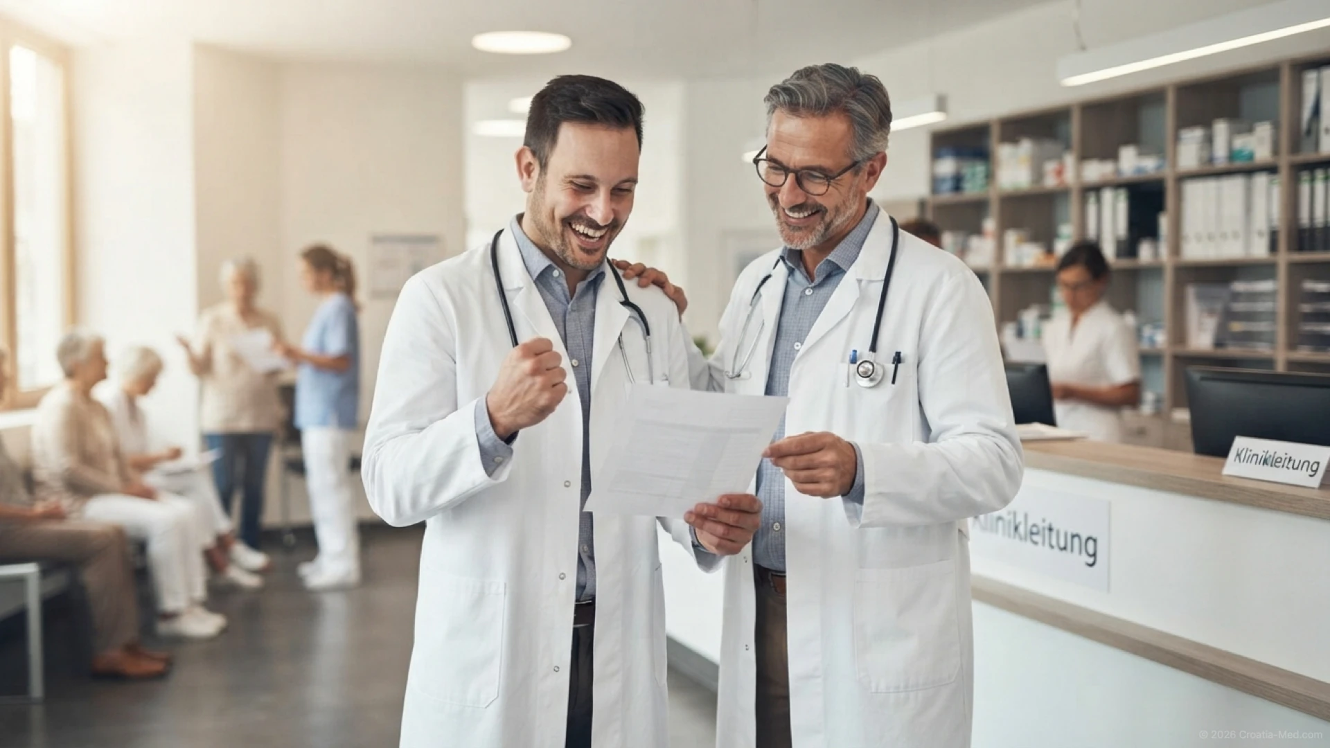 Two joyful doctors in modern clinic hallway