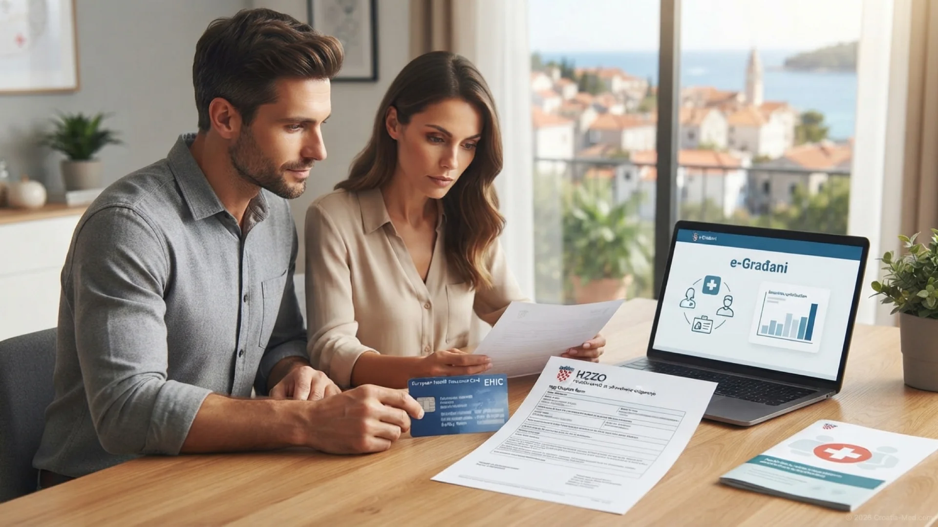 Expat couple in Croatia reviewing official health insurance documents and registration forms at a desk
